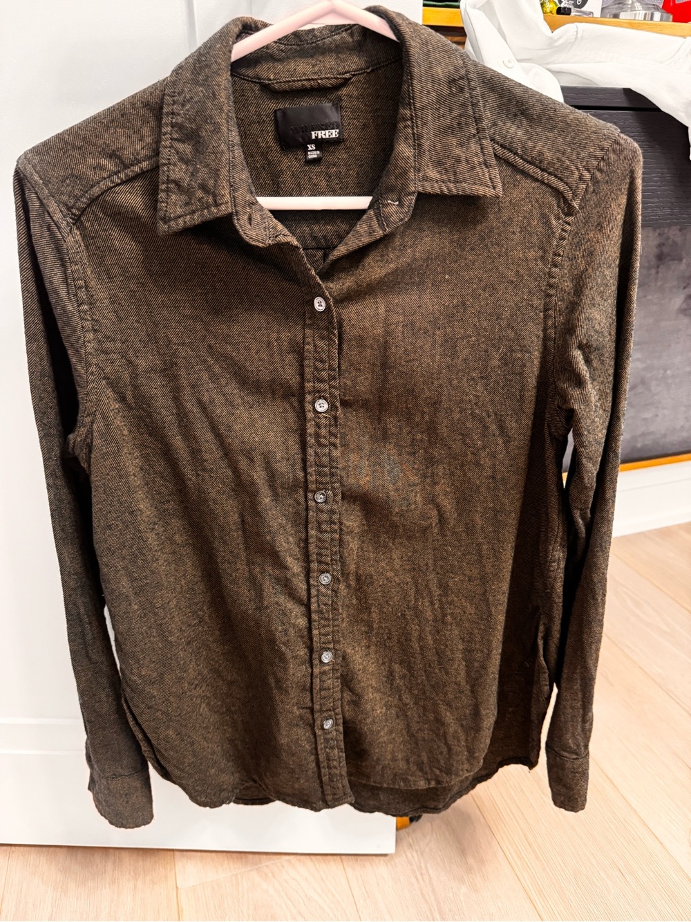 Wilfred Free Dark Olive/Brown Long-Sleeve Button-Down Shirt- XS